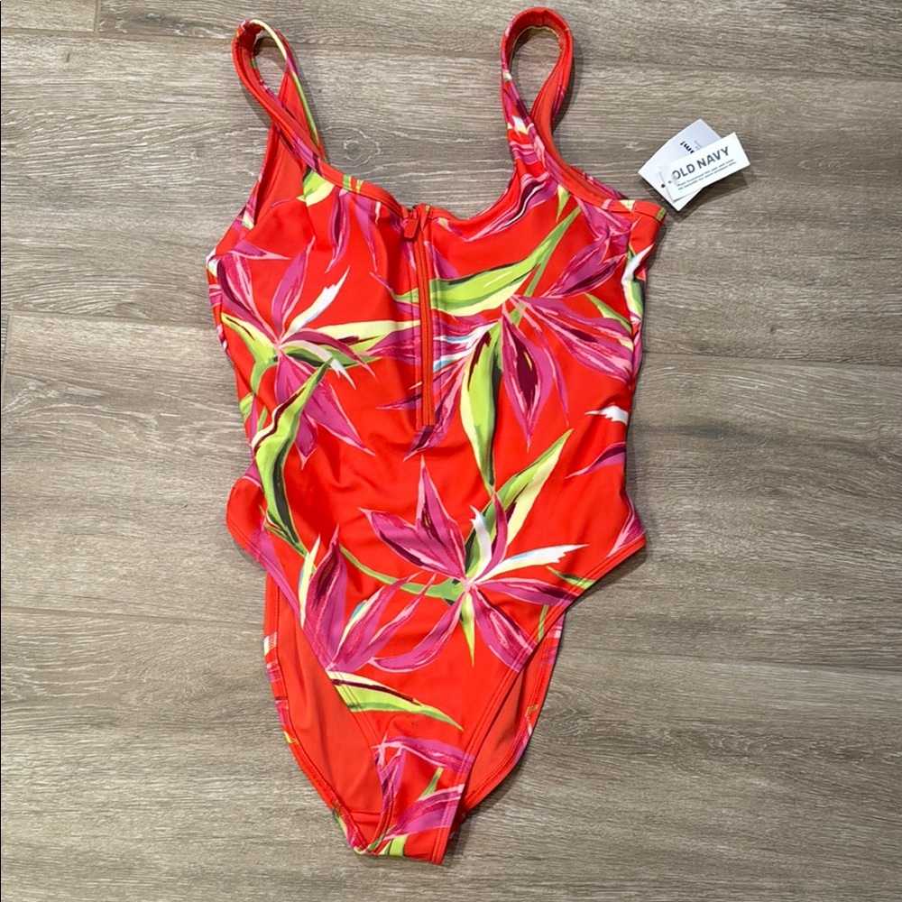 Old Navy Red and Pink One Piece Swimsuit with Tropical Print